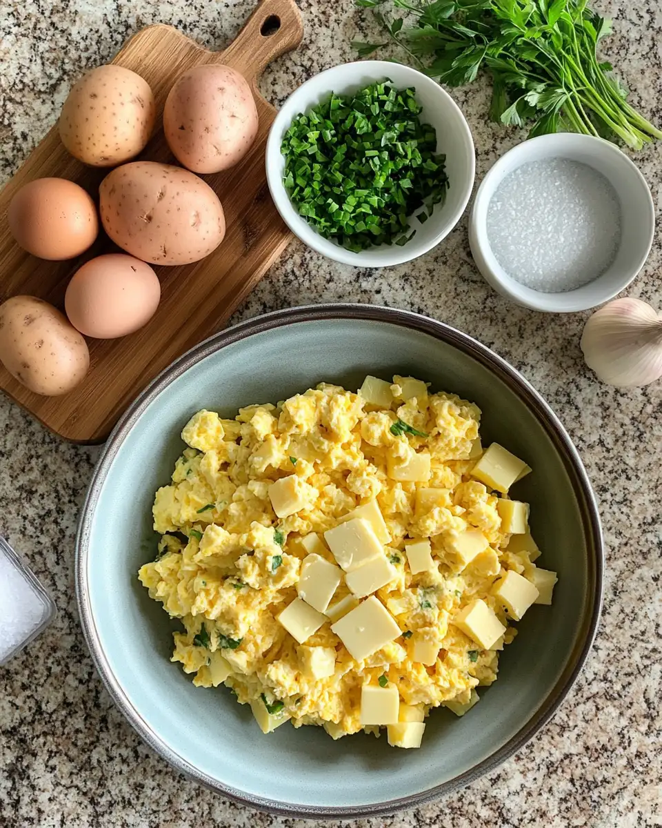Ingredients for Wake Up to Comfort with This Cheesy Potato Egg Scramble