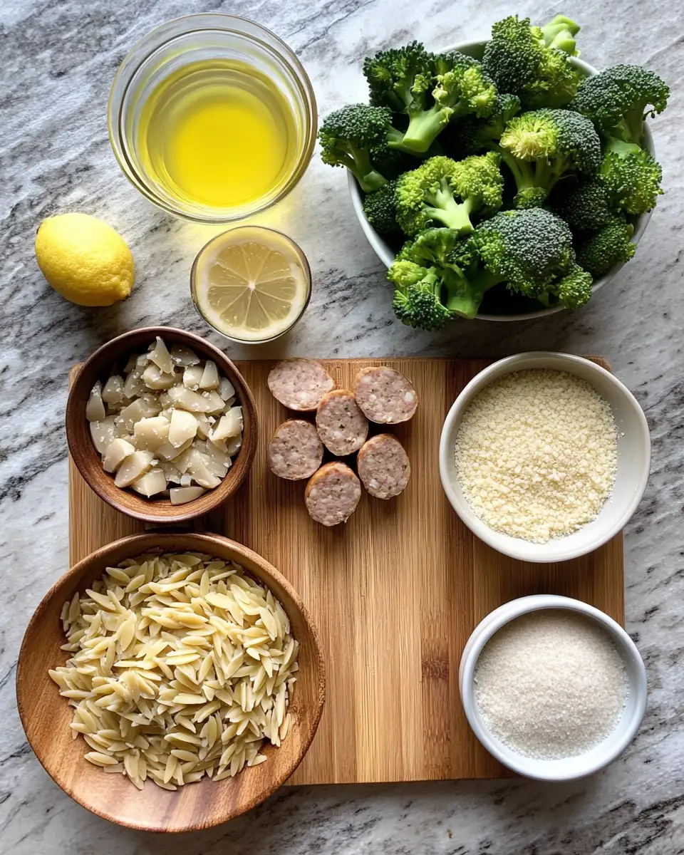 Ingredients for One-Pot Chicken Sausage Broccoli Orzo Recipe for a Quick and Delicious Dinner