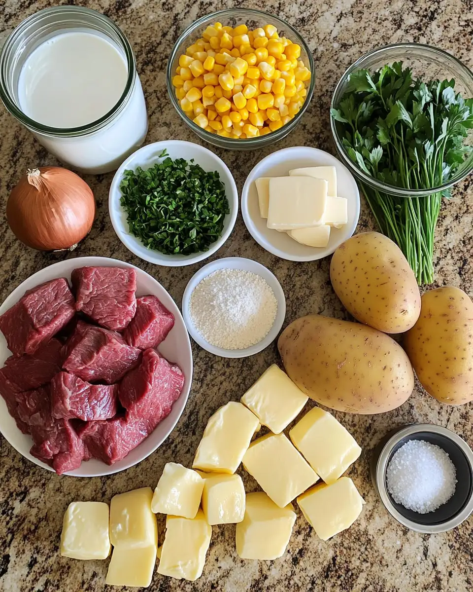 Ingredients for Hearty Crockpot Steak Corn Chowder Recipe for Cozy Nights