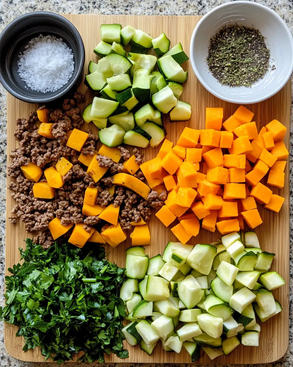 Ingredients for One-Pan Ground Beef Zucchini Sweet Potato Skillet Recipe for Easy Weeknight Dinners