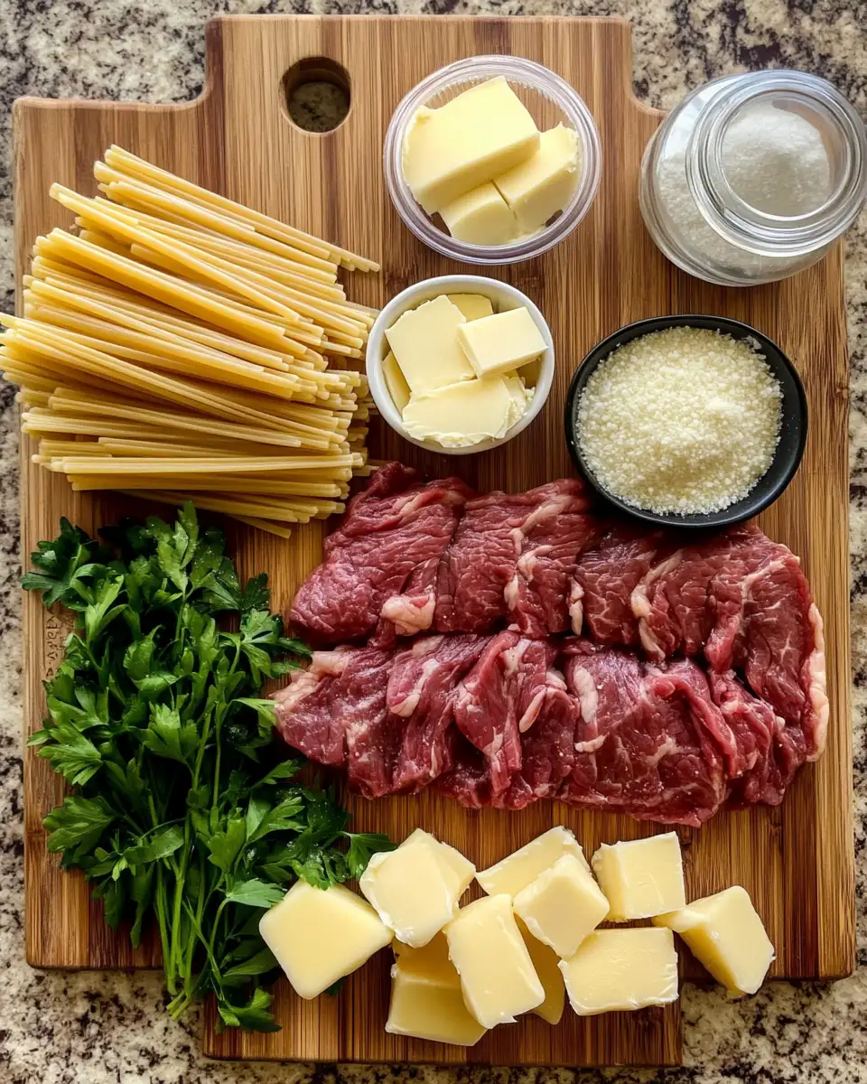 Ingredients for Sizzle and Stir: One-Pot Creamy Spicy Garlic Butter Steak & Pasta Delight