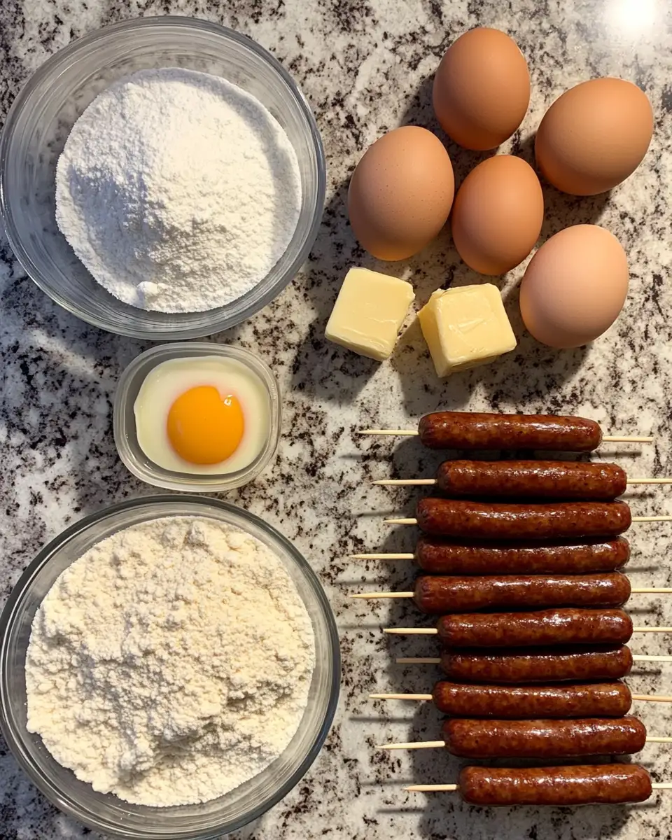 Ingredients for Breakfast Bliss: Pancake Wrapped Sausage on a Stick Delight