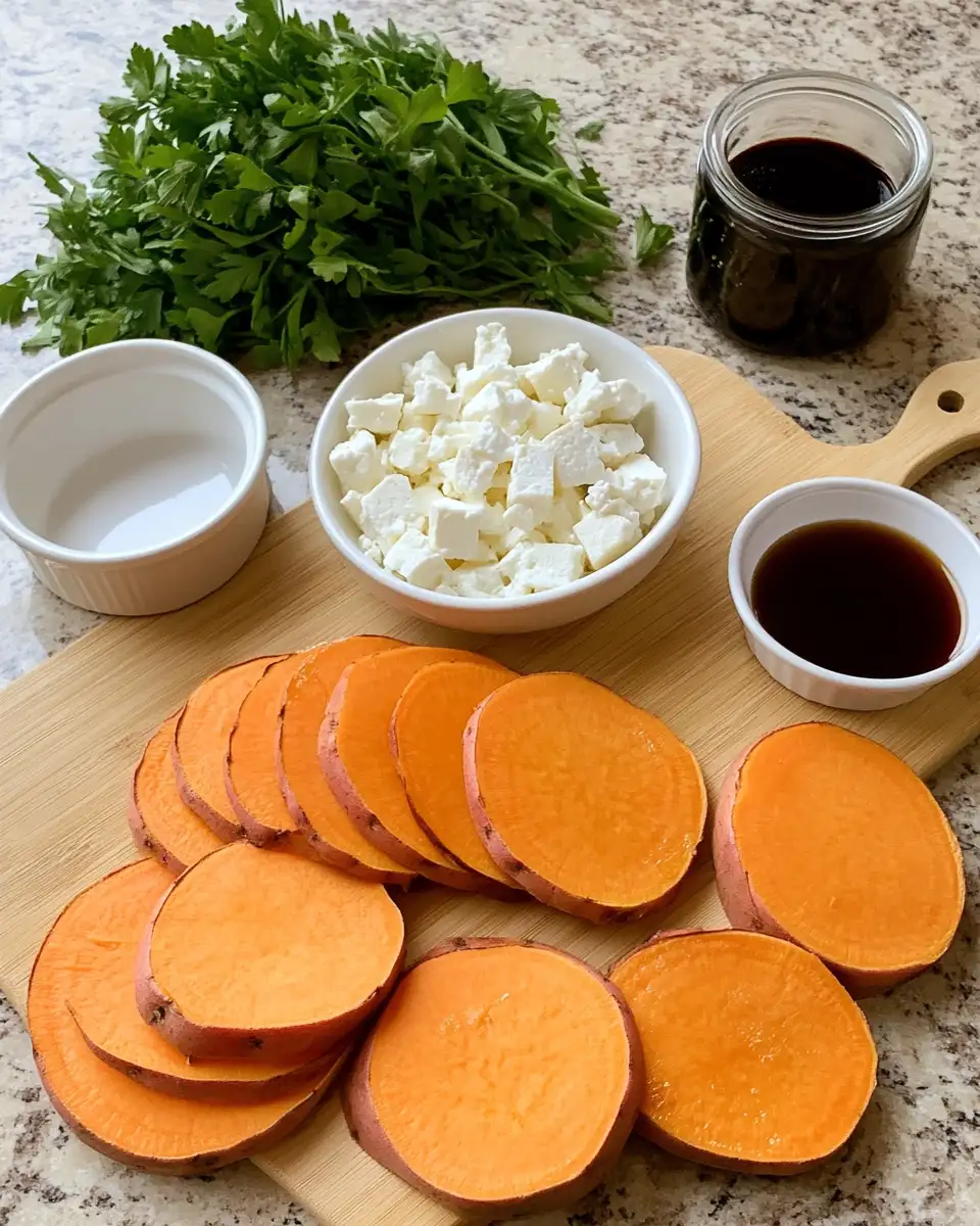 Ingredients for Irresistible Sweet Potato Rounds with Creamy Feta Crumble Delight