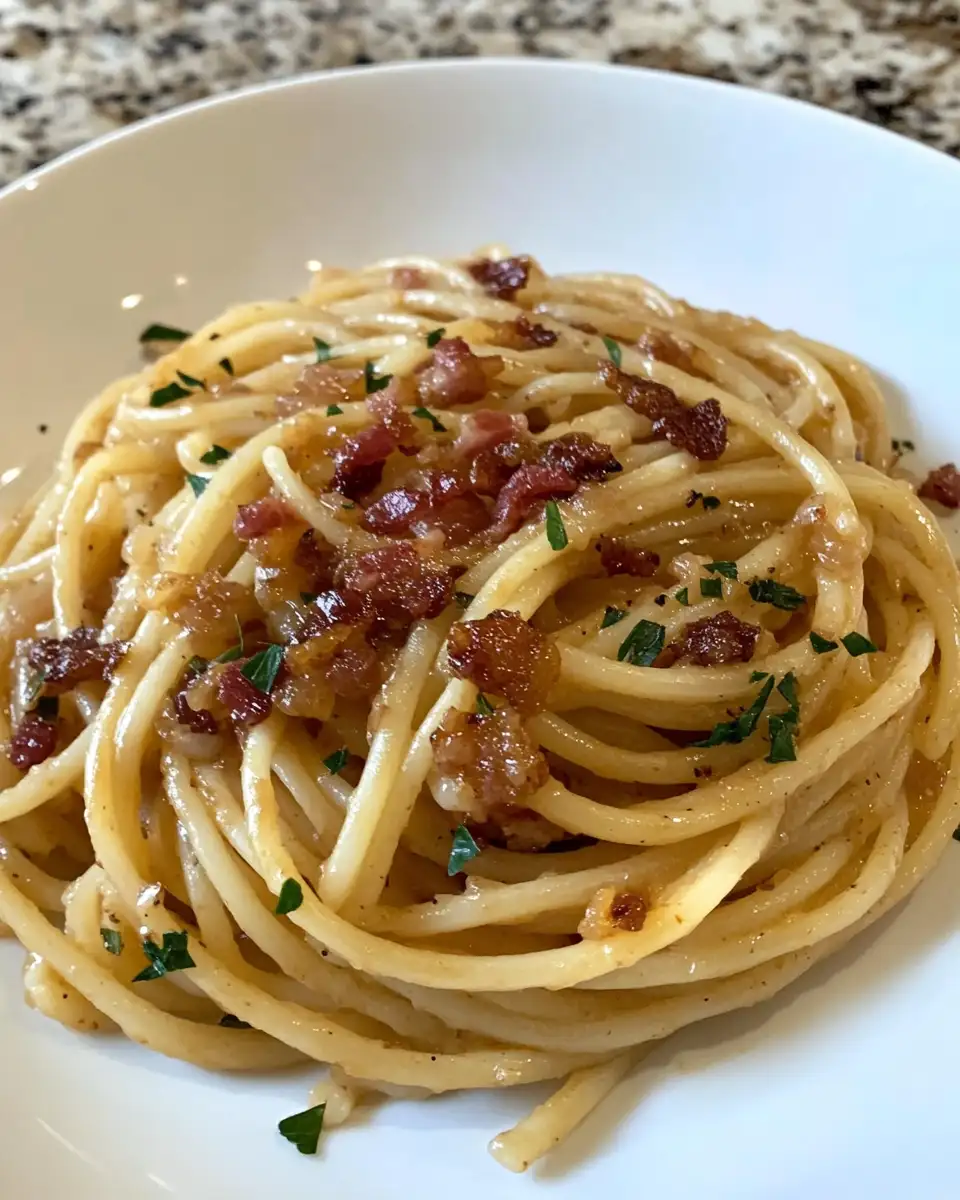 Final dish - Irresistible Caramelized Onion Pasta with Crispy Bacon Bliss