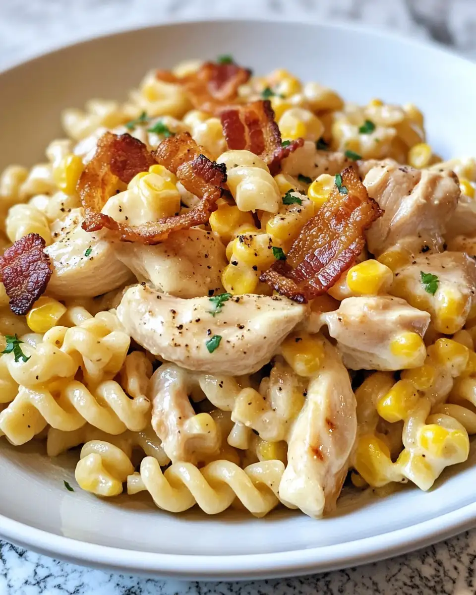 Final dish - Irresistible Creamy Chicken and Corn Pasta with Crispy Bacon Delight