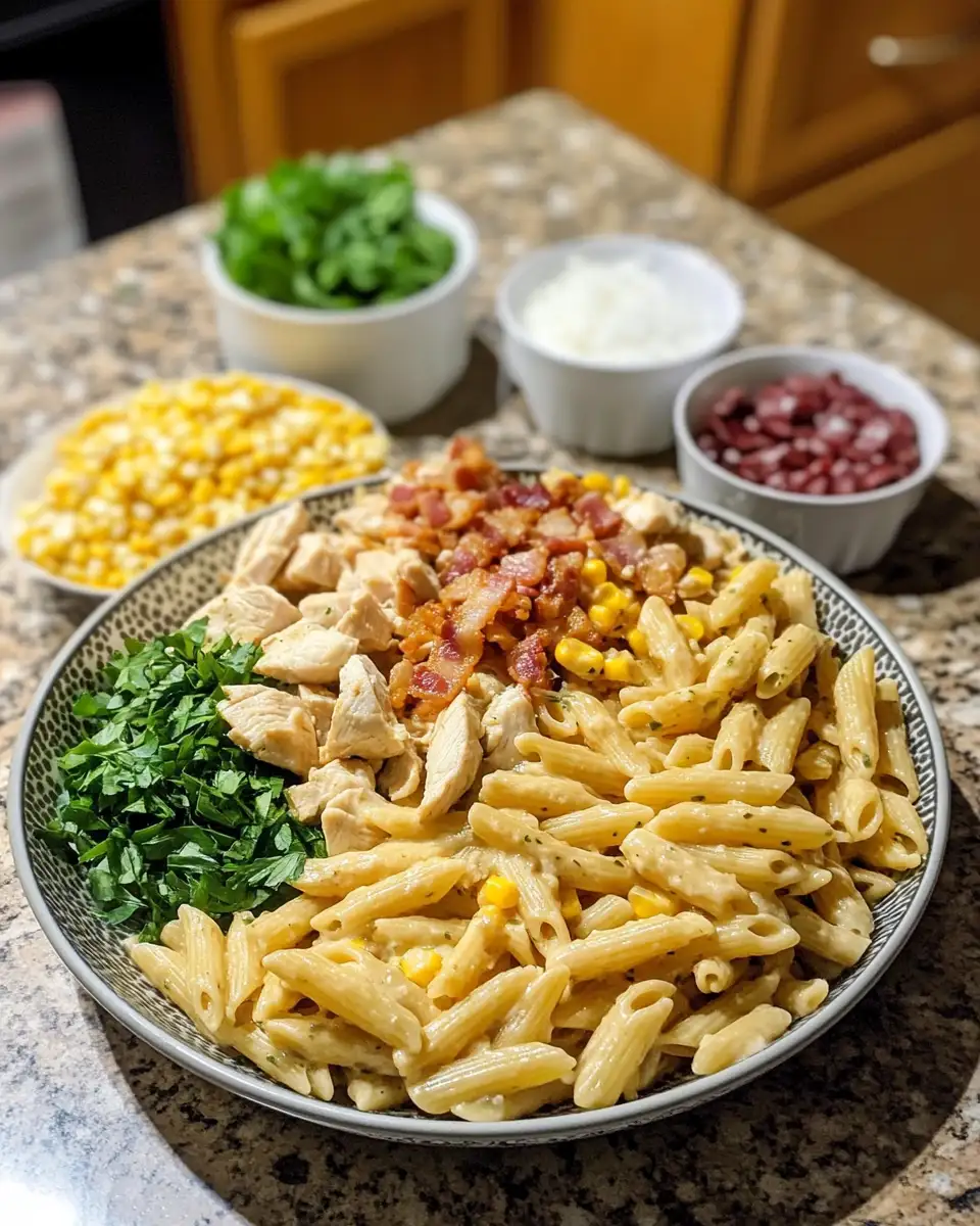 Ingredients for Irresistible Creamy Chicken and Corn Pasta with Crispy Bacon Delight