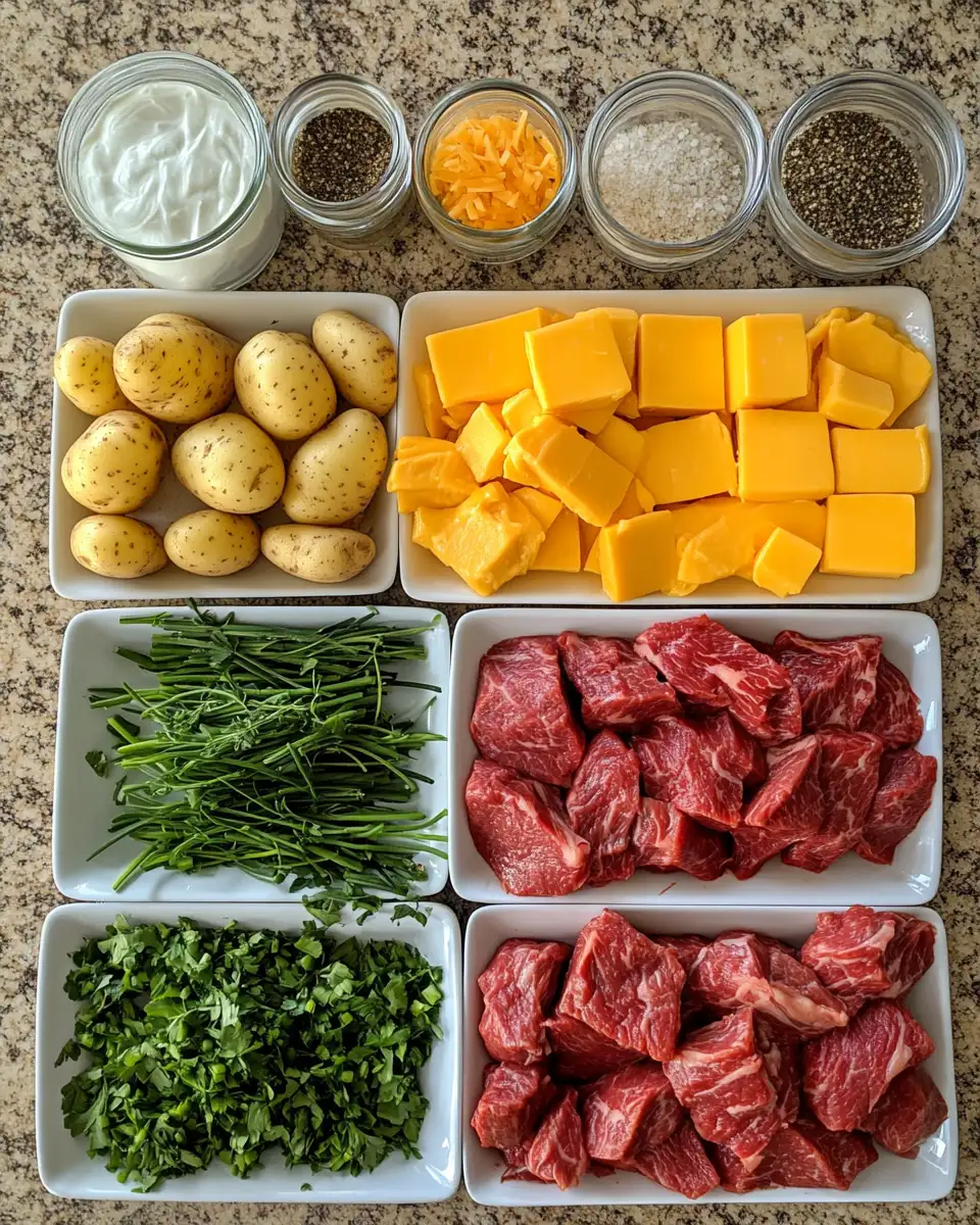 Ingredients for Ultimate Crockpot Loaded Steak and Potato Bake Recipe for Easy Comfort Food