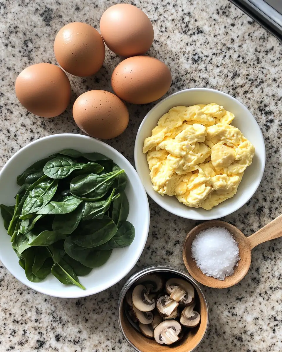 Ingredients for Fluffy Mushroom Spinach Scrambled Eggs for a Healthy Breakfast Boost