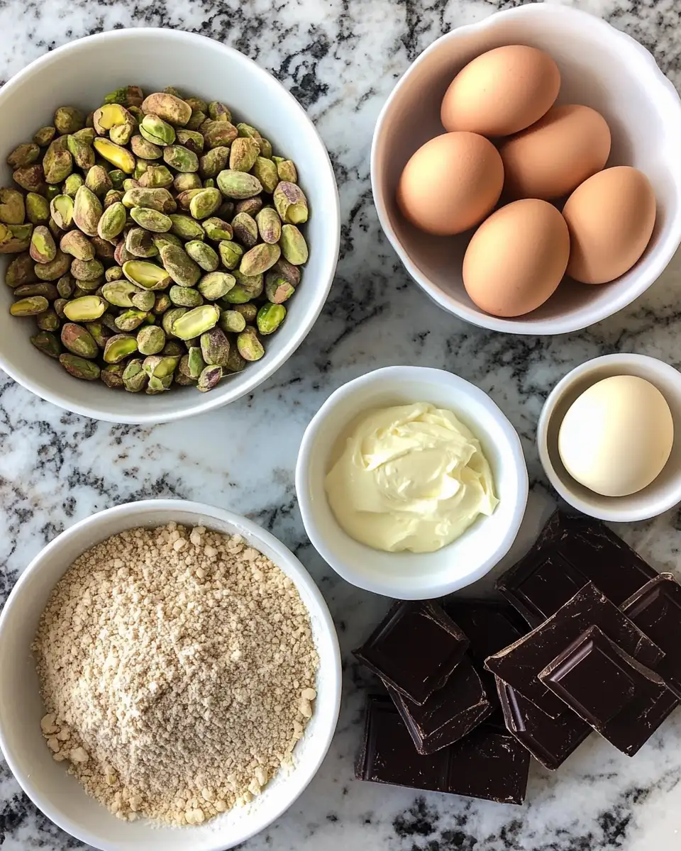 Ingredients for Decadent Pistachio Mousse with Rich Chocolate Ganache Delight