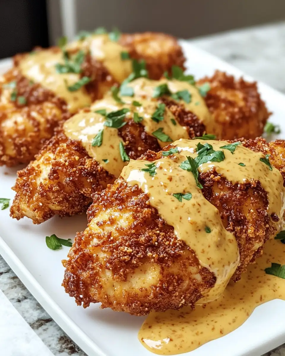 Final dish - Crunchy Pretzel Chicken with Creamy Mustard Cheddar Sauce Recipe