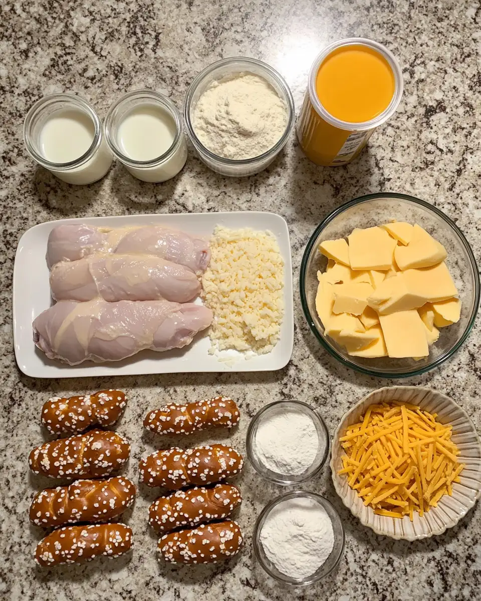 Ingredients for Crunchy Pretzel Chicken with Creamy Mustard Cheddar Sauce Recipe