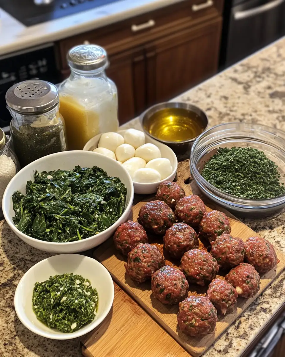 Ingredients for Irresistible Spinach Garlic Meatballs Stuffed with Gooey Mozzarella