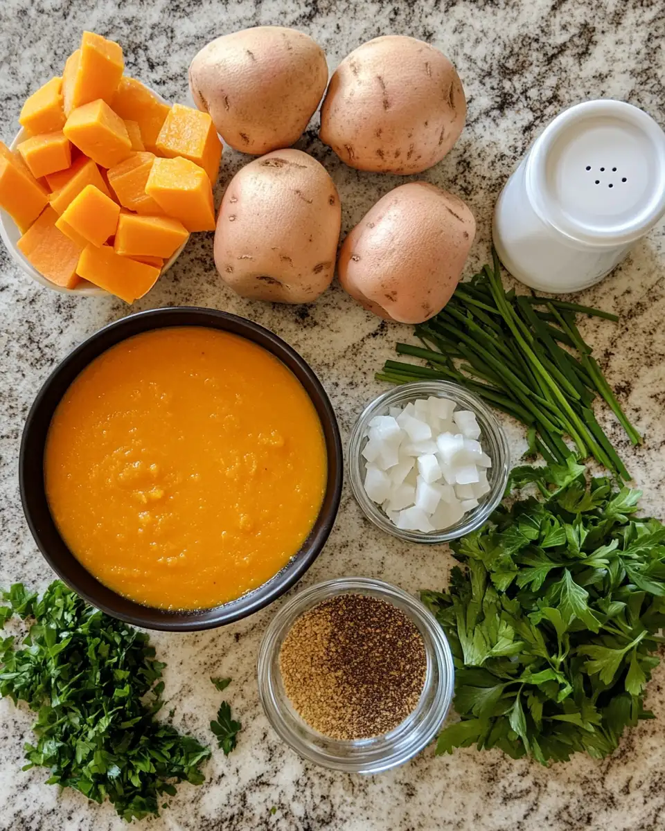 Ingredients for Creamy Butternut Squash Sweet Potato Soup Recipe to Warm Your Soul