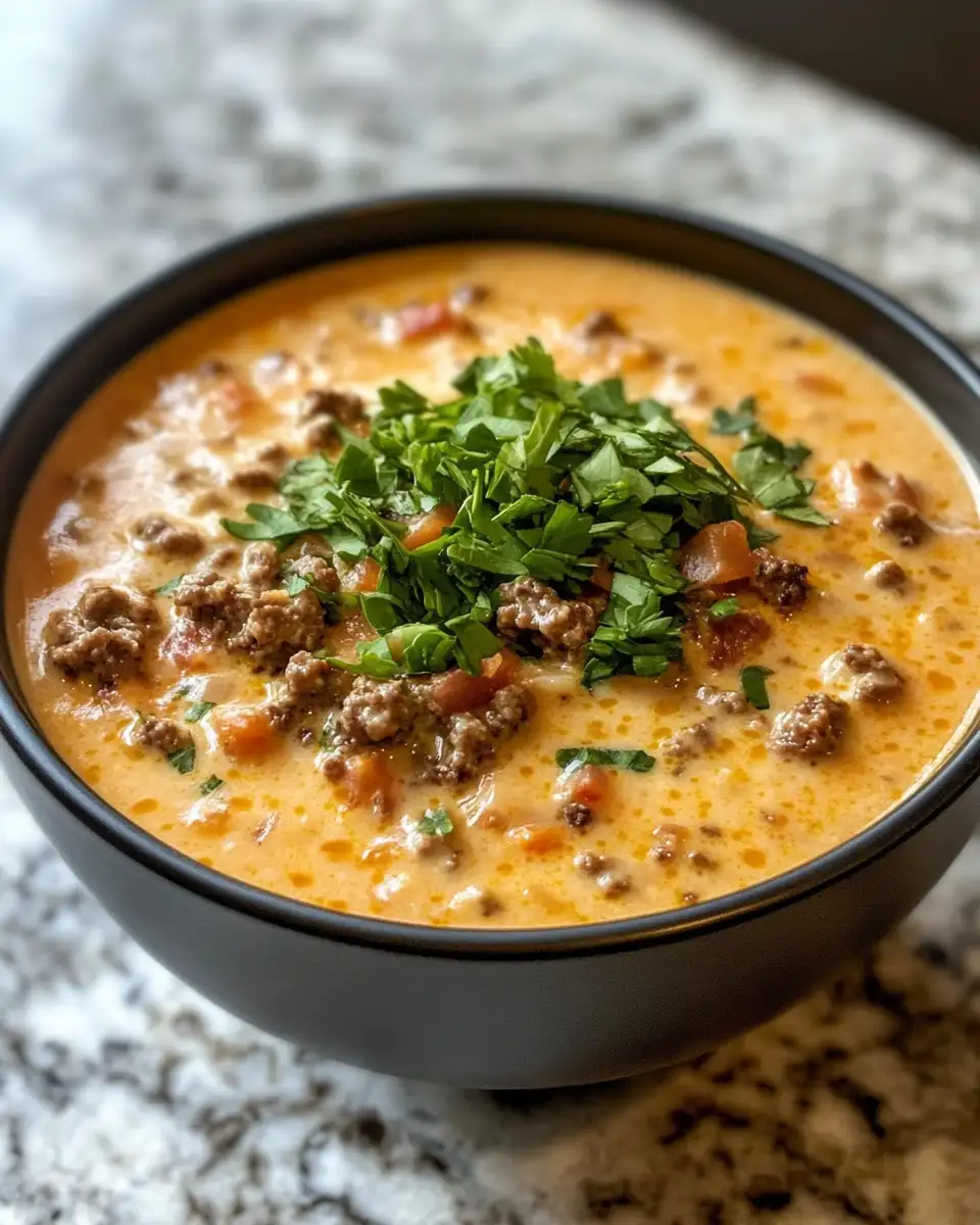 Final dish - Creamy Keto Cheeseburger Soup That Will Satisfy Your Cravings