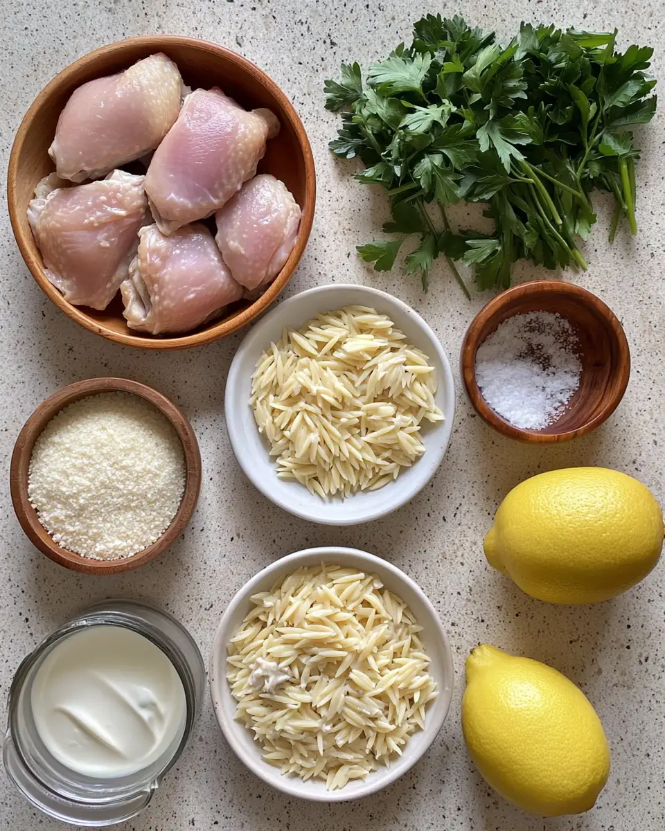Ingredients for One-Pan Creamy Chicken Orzo Recipe for Easy Delicious Dinners