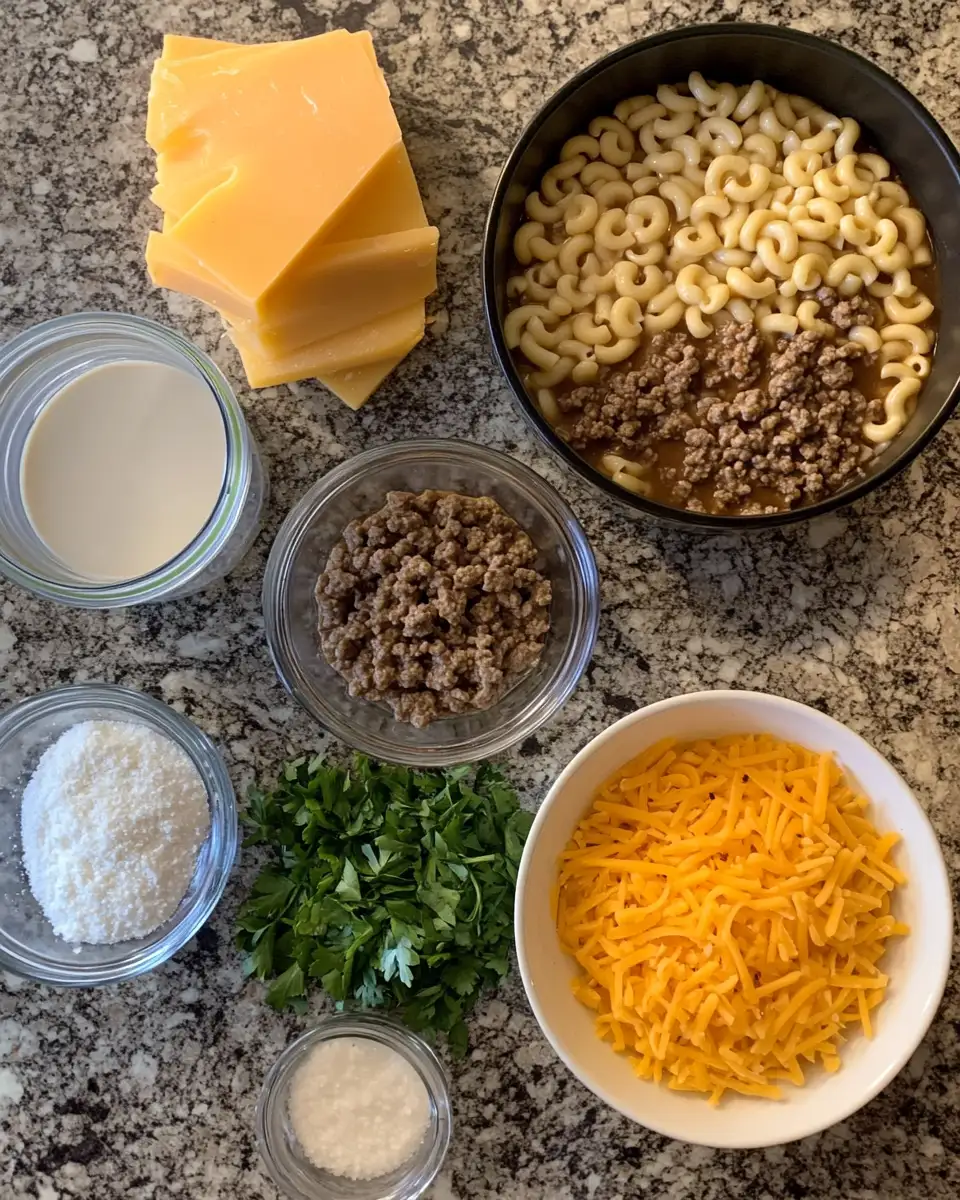 Ingredients for Hearty One-Pot Macaroni Cheeseburger Soup Recipe You’ll Love