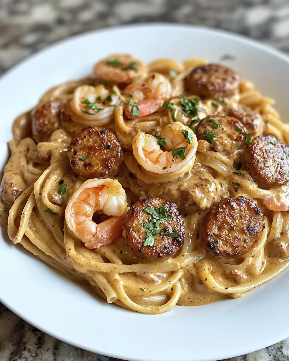 Final dish - Indulge in Creamy Cajun Sausage and Shrimp Pasta Bliss