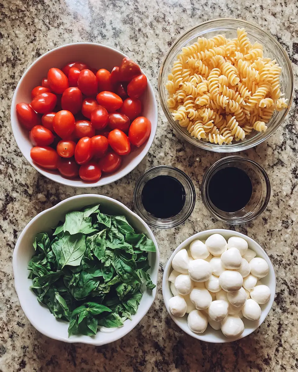 Ingredients for Summer's Bounty: A Refreshing Caprese Pasta Salad Delight