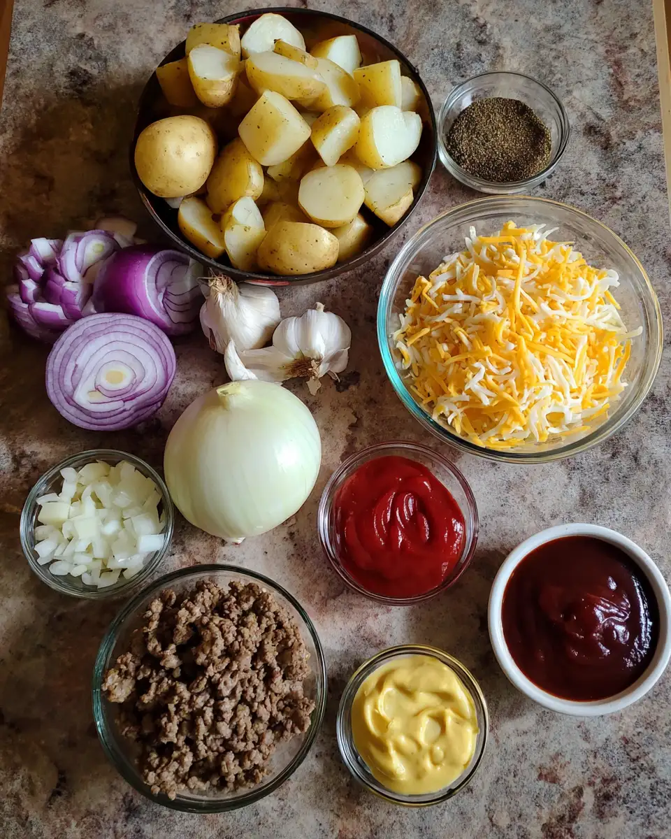 Ingredients for Loaded Comfort: The Ultimate Cheeseburger Potato Bowl Experience