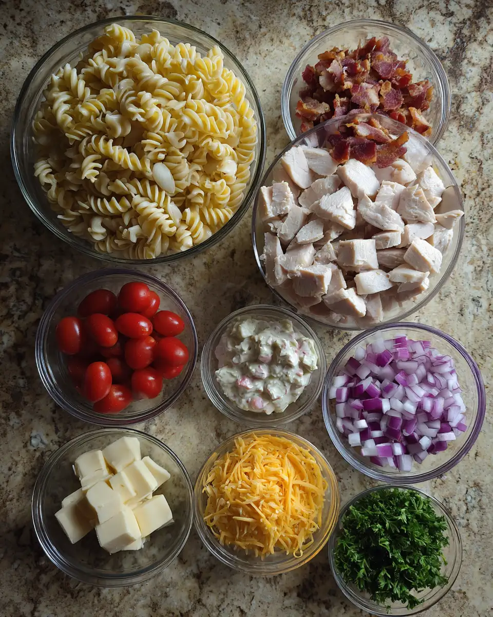 Ingredients for Ultimate Chicken Bacon Ranch Pasta Salad: A Flavorful Feast