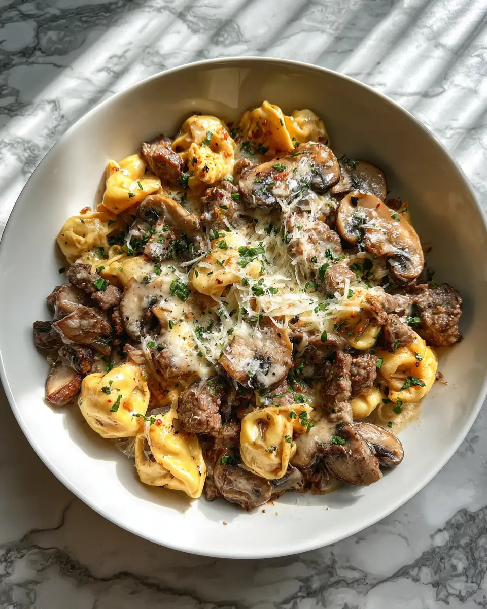 Final dish - One-Pan Wonder: Creamy Beef Tortellini Mushroom Skillet Delight