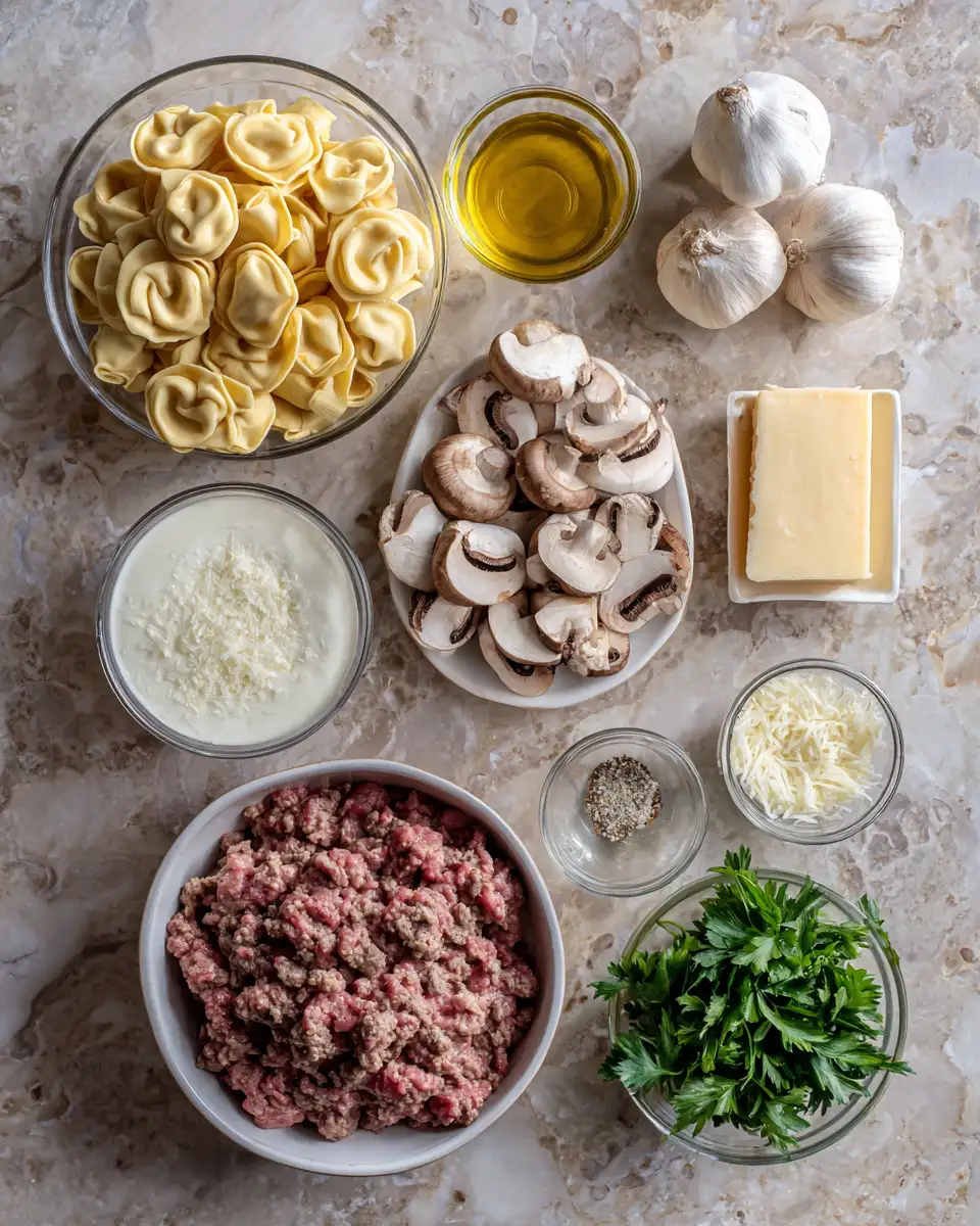 Ingredients for One-Pan Wonder: Creamy Beef Tortellini Mushroom Skillet Delight