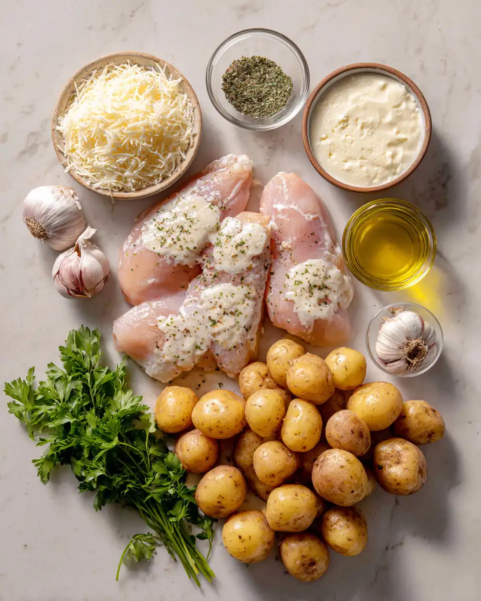 Ingredients for Irresistible Creamy Parmesan Chicken Paired with Perfectly Roasted Potatoes