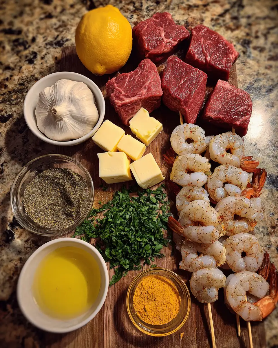 Ingredients for Sizzle and Savory: Mastering Garlic Butter Steak & Shrimp Skewers