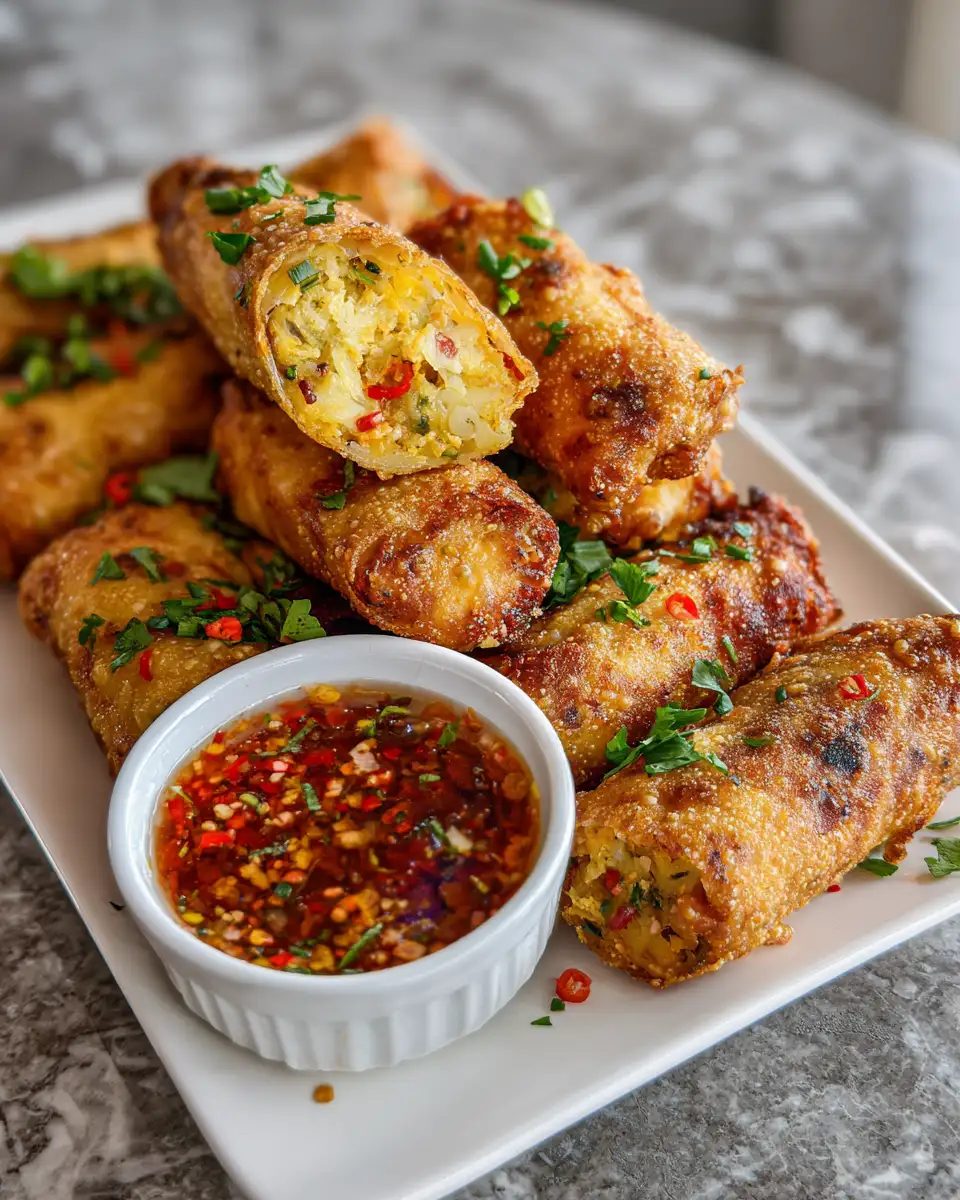 Final dish - Crispy Golden Delight: Crab Cake Egg Rolls with Tangy Dipping Sauce
