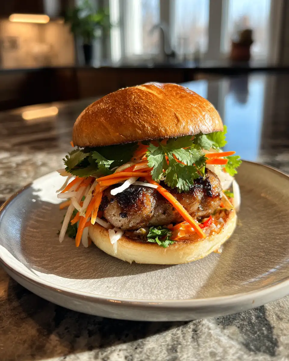 Final dish - Bite Into Fusion Flavor: The Ultimate Pork Banh Mi Burger Experience