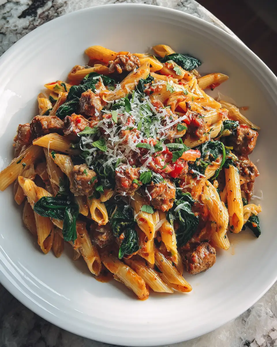 Final dish - Savor the Heat: Spicy Sausage Penne Pasta with Spinach Delight