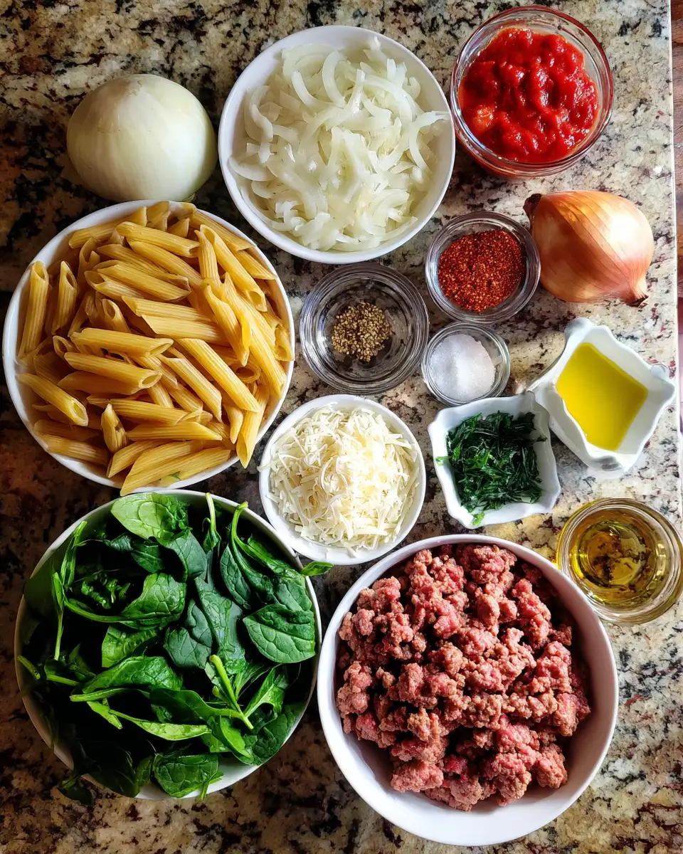Ingredients for Savor the Heat: Spicy Sausage Penne Pasta with Spinach Delight