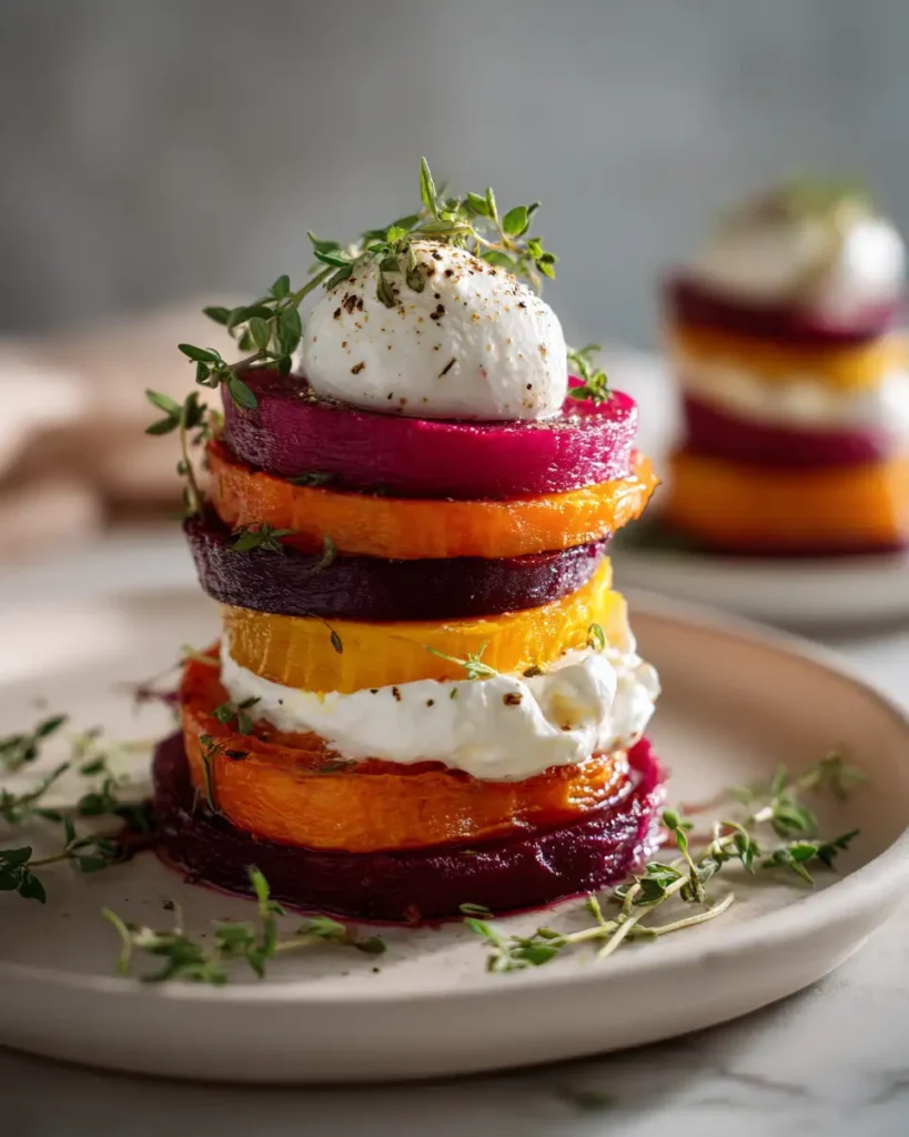 Colorful Layers: Sweet Potato Beet Stacks with Creamy Burrata Delight - Featured Image