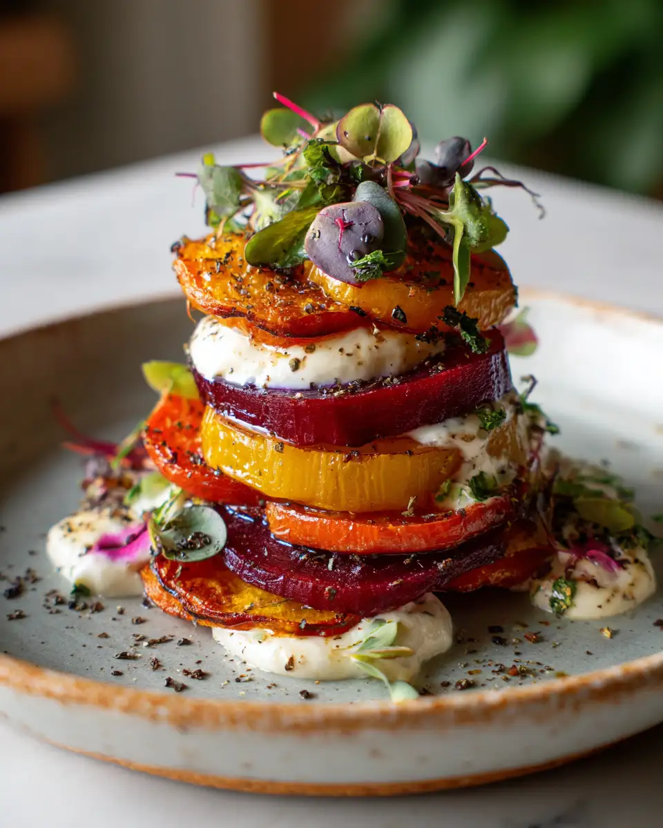Final dish - Colorful Layers: Sweet Potato Beet Stacks with Creamy Burrata Delight