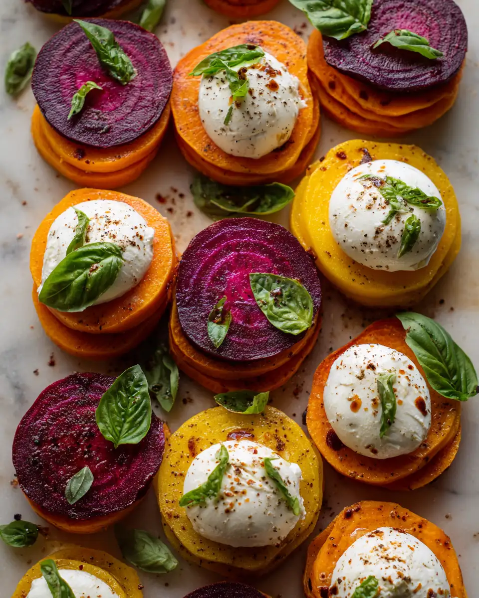 Ingredients for Colorful Layers: Sweet Potato Beet Stacks with Creamy Burrata Delight