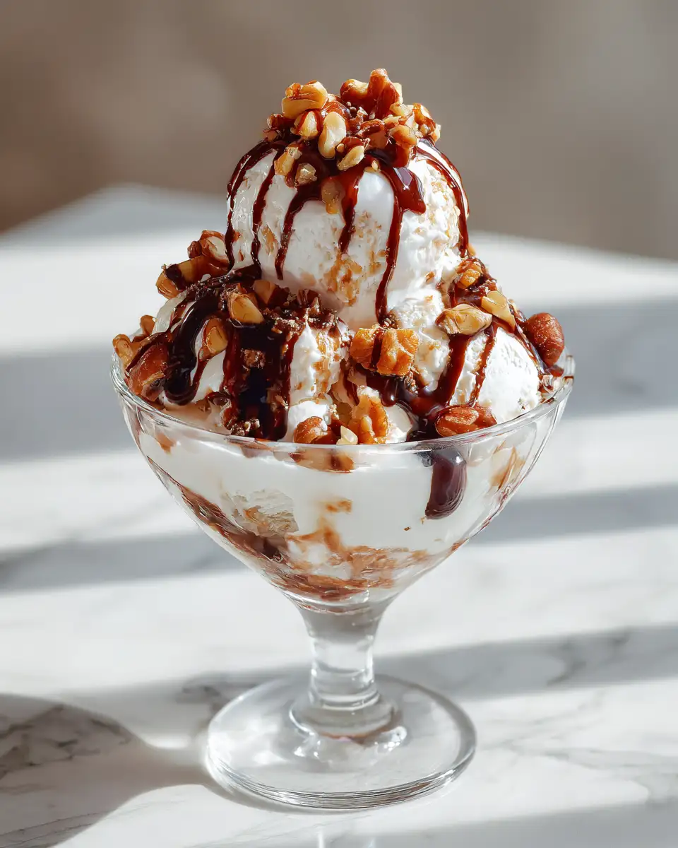 Final dish - Indulge in the Ultimate Vanilla Sundae with Chocolate Drizzle and Roasted Nuts Delight