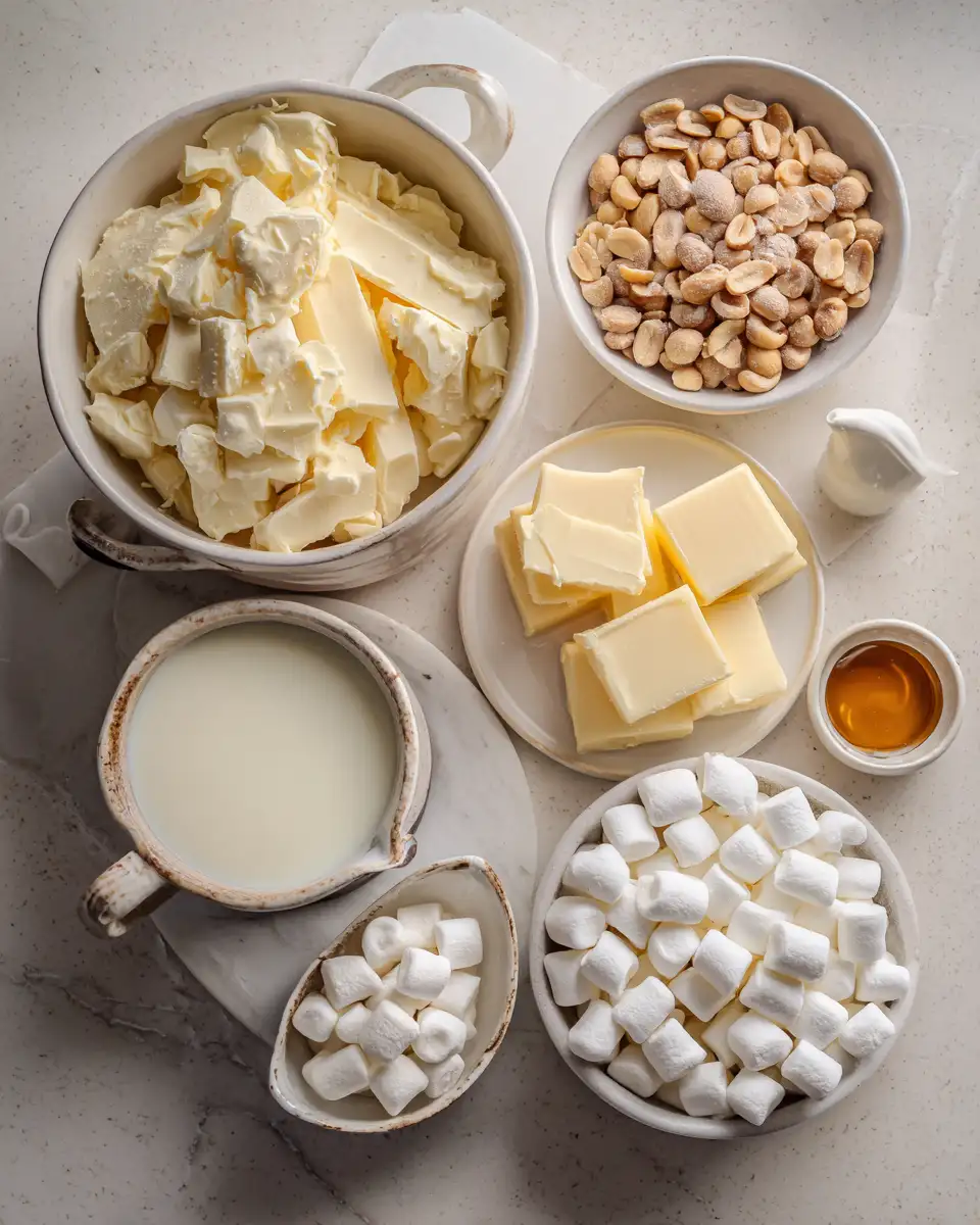 Ingredients for Decadent Delight: White Chocolate Peanut Marshmallow Fudge Fantasy