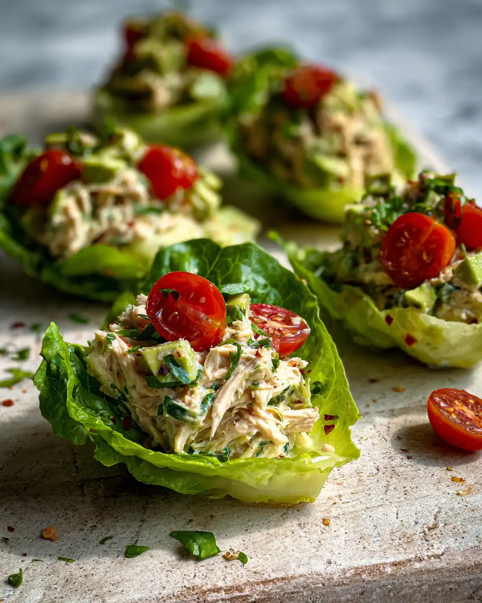 Final dish - Fresh and Flavorful Avocado Chicken Salad Lettuce Boats Perfect for Summer