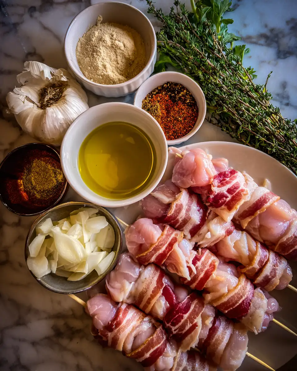 Ingredients for Irresistible Bacon Wrapped Chicken Skewers Perfect for Your Next Grill Party