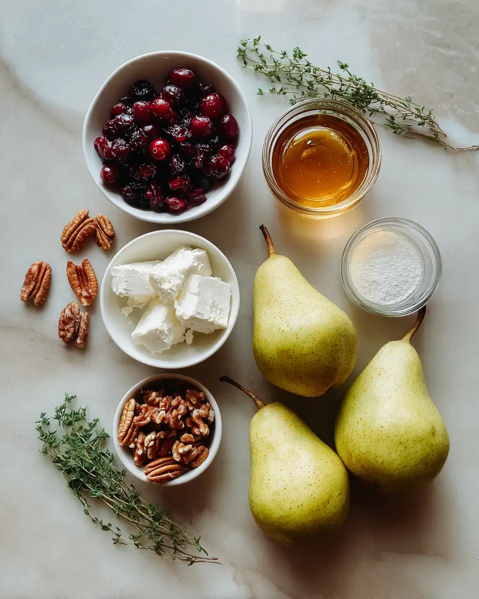 Ingredients for Sweet and Savory Baked Pears with Goat Cheese Honey and Cranberries