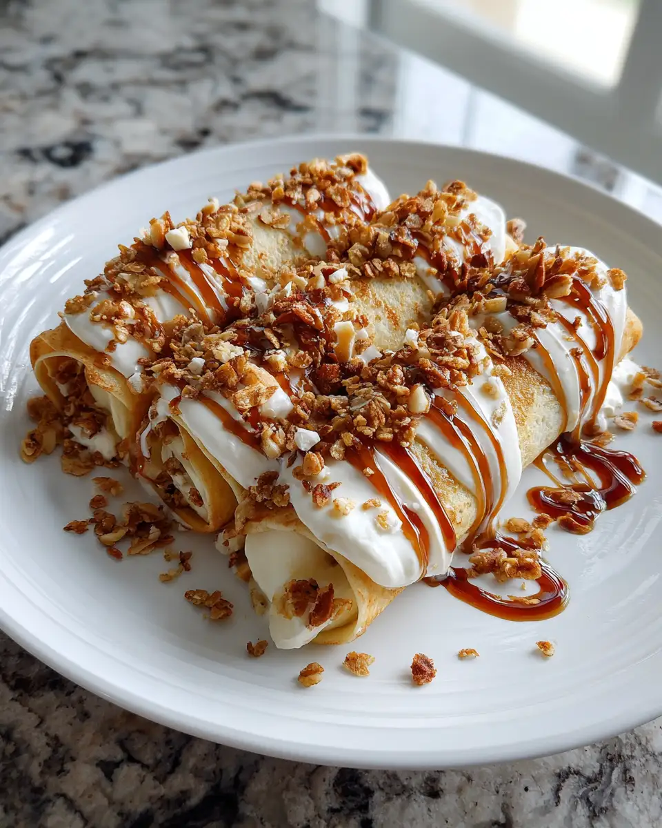 Decadent Banana Cream Crepe Rolls with Caramel Drizzle and Crunchy Granola - Featured Image