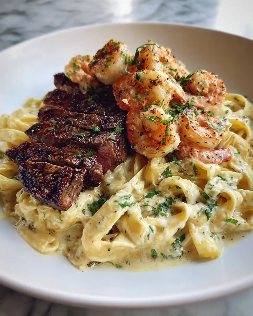 Final dish - Savor the Bold Flavors of Blackened Steak and Shrimp Alfredo