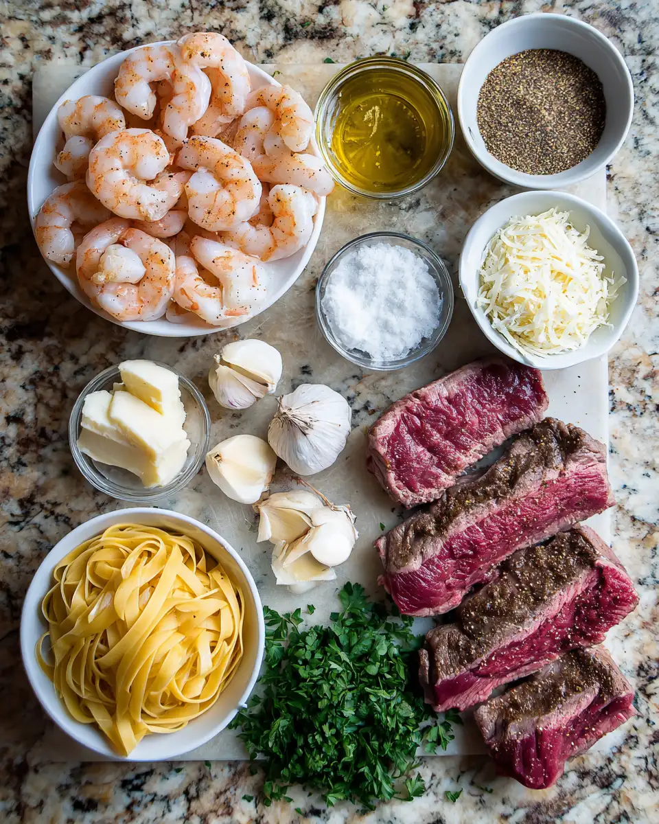 Ingredients for Savor the Bold Flavors of Blackened Steak and Shrimp Alfredo