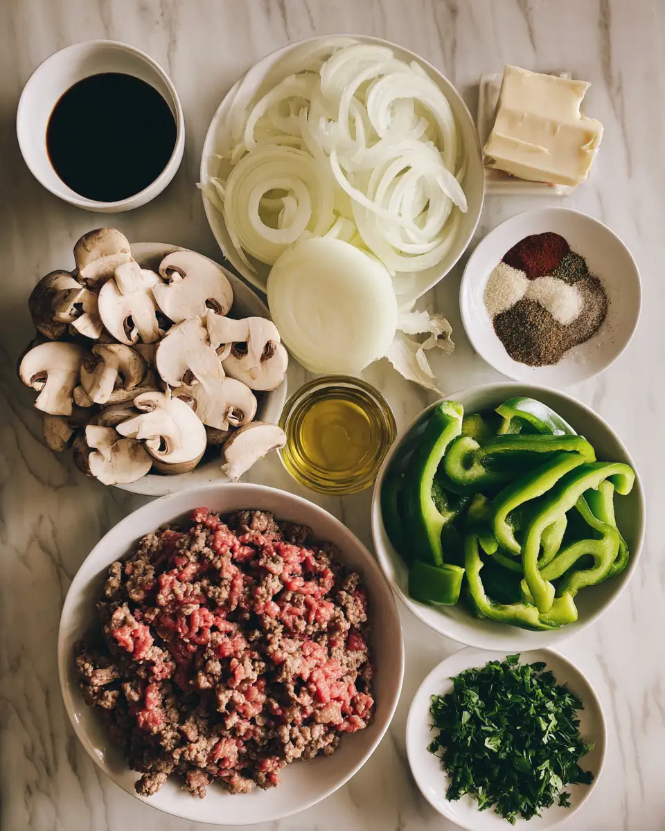 Ingredients for Ultimate Cheesesteak Ground Beef Skillet Recipe to Satisfy Your Cravings