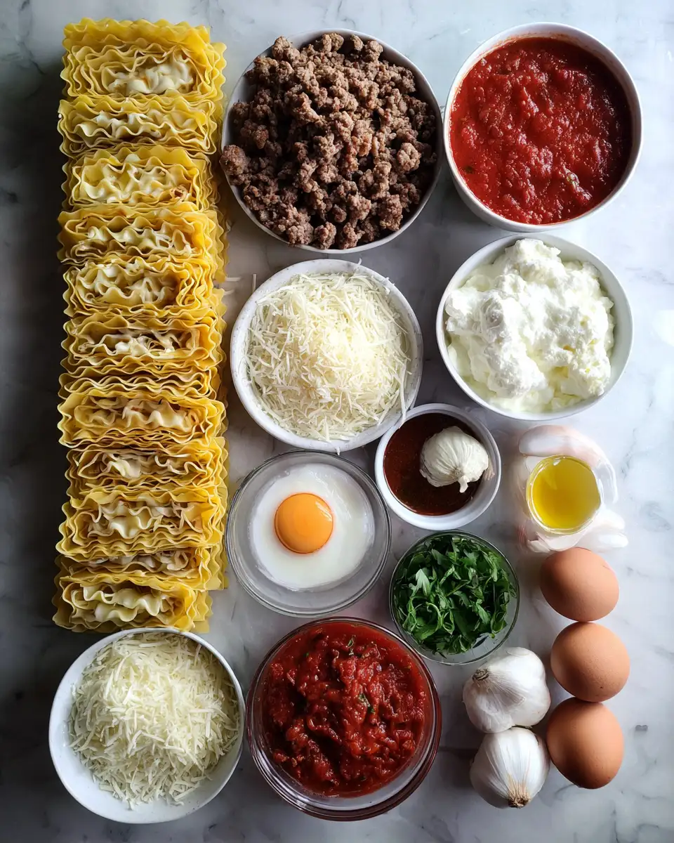Ingredients for Ultimate Cheesy Lasagna with Melted Stretchy Mozzarella to Satisfy Every Craving