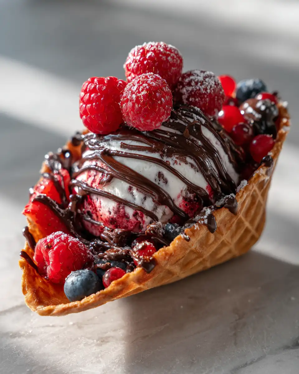 Final dish - Indulge Your Sweet Tooth with the Ultimate Chocolate Berry Swirl Waffle Cone Bowl Lover Delight