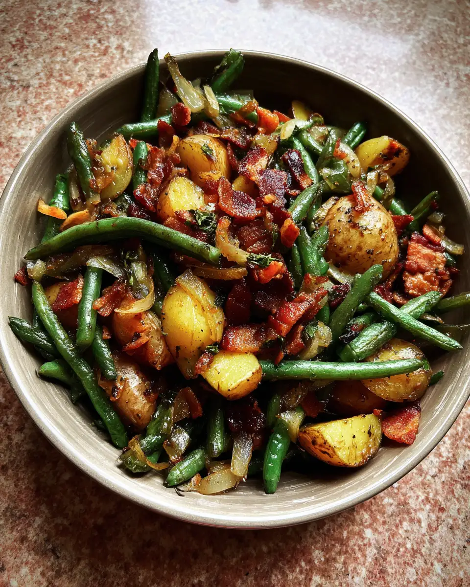 Final dish - Hearty Country Ranch Green Beans and Potatoes with Crispy Bacon
