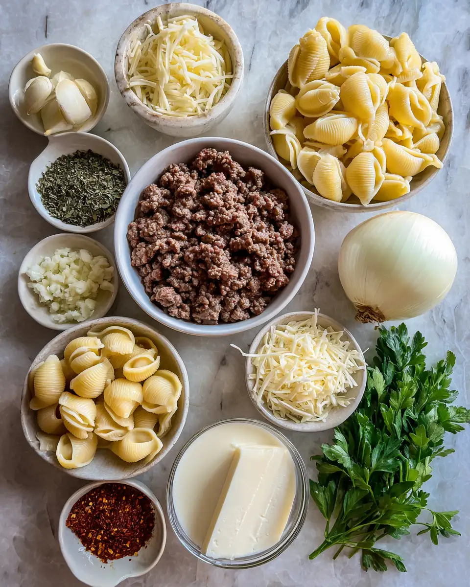 Ingredients for Indulge in the Ultimate Comfort Food Creamy Beef and Shells Recipe