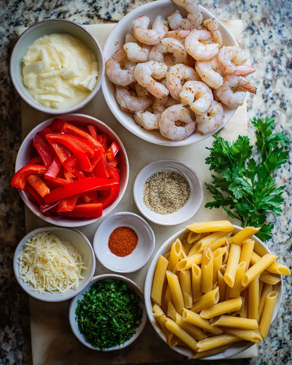 Ingredients for Irresistible Creamy Cajun Shrimp Pasta Recipe with Penne