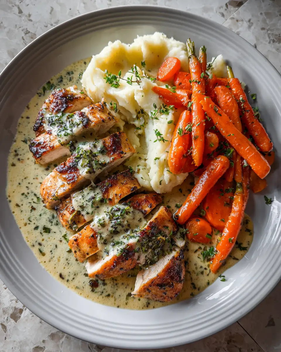 Final dish - Irresistible Creamy Herb Chicken with Mashed Potatoes and Glazed Carrots